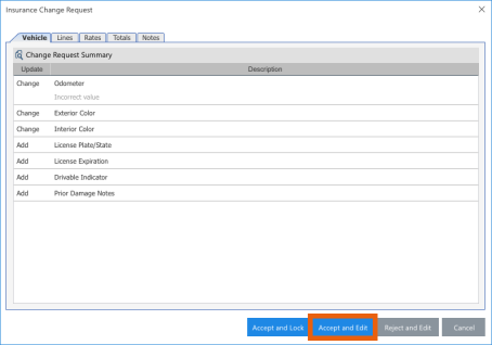 Screenshot of the Insurance Change Request window with the Accept and Edit button highlighted.